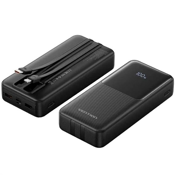 УМБ Vention 20000mAh 22.5W 3A PD, Micro-USB,USB-C,2xUSB-A,Built-in USB-C+Lightning Cables Black | Зображення 2