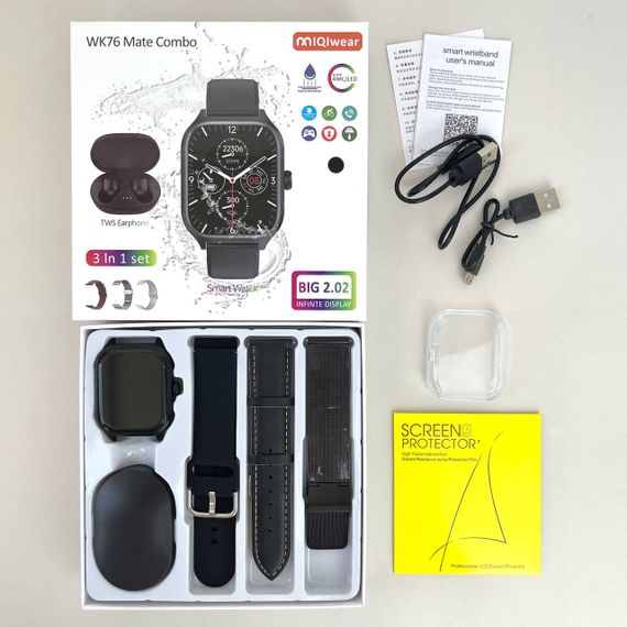 Комплект WK76 - Smart Watch / Навушники Air Dots / 3 ремінці / Захисний чохол та плівка (Чорний) | Зображення 8