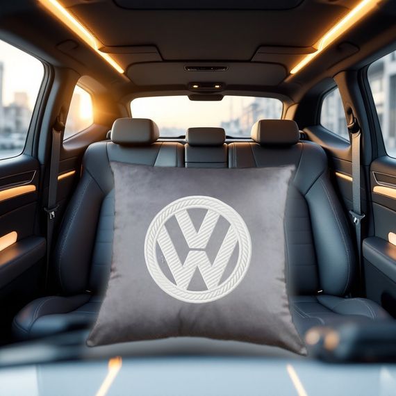Авто Подушка c вышивкой логотипа марки фольцваген Volkswagen серый автомобилисту 00054