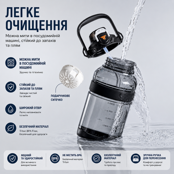 Спортивная бутылка TKK (2000 мл) - Полупрозрачный черный Tritan BPA-free, с мощной ручкой и кнопкой-фиксатором | Зображення 5