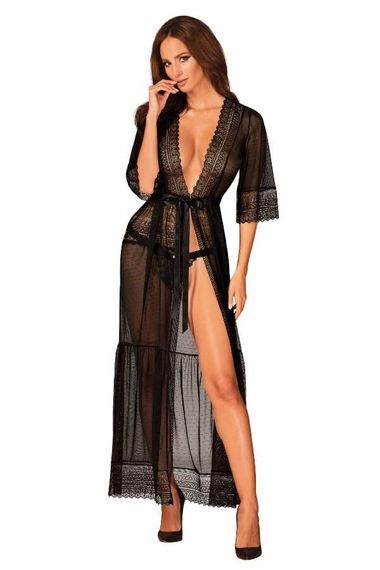 Довгий пеньюар Obsessive Estiqua Чорний XL/2XL