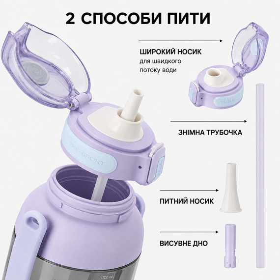 Бутылка TKK 1400 мл - Фиолетовая Tritan BPA-free, ударопрочная, спортивная с двойной системой переноски | Зображення 9