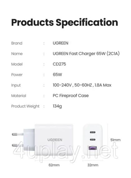 Зарядное устройство PD 65W Ugreen CD275 для быстрой зарядки | Зображення 6