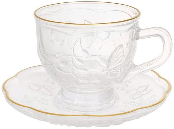 Чайно-кавовий скляний набір "Butterfly" 6 чашок 150мл та 6 блюдець із золотою облямівкою