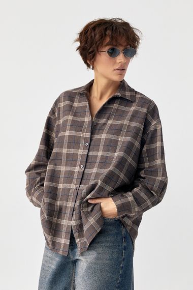 Бавовняна сорочка в клітинку з напівкруглим низом - коричневий цвет, L (є розміри)