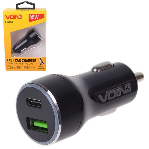 Автомобільний зарядний пристрій VOIN 45W, 1USB QC3.0 18W + 1PD 27W, 12/24V