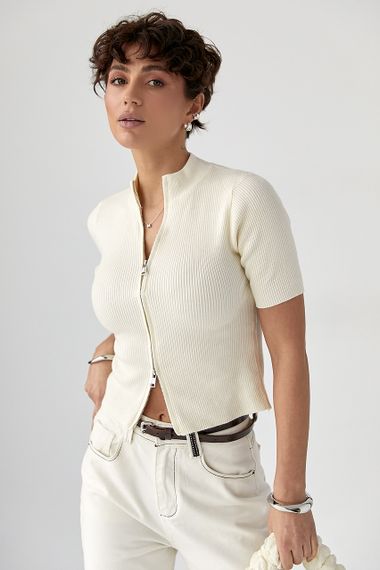 Однотонна футболка в рубчик на блискавці - молочний цвет, ONE SIZE (є розміри) | Зображення 4