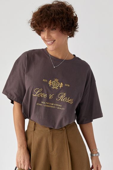 Футболка вільного фасону з вишитими написами - коричневий цвет, ONE SIZE (є розміри)