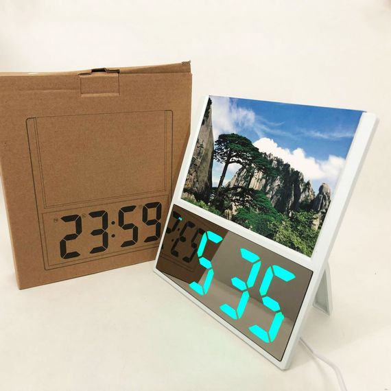 Електронний дротовий настільний цифровий годинник DS-6608 з фоторамкою, зелене підсвічування. Колір: білий | Зображення 3