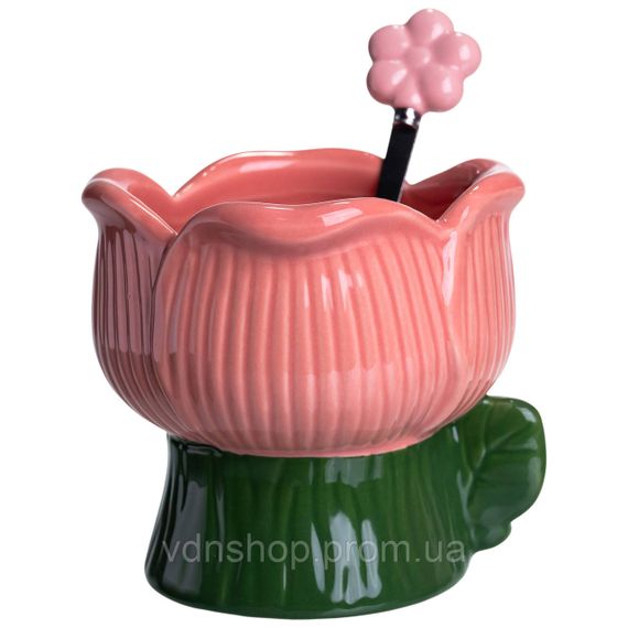 Креманка порцелянова з ложкою у формі квітки 300 (мл) креманка для десертів, морозива та желе Зелений з рожевим FM-42GR | Зображення 2