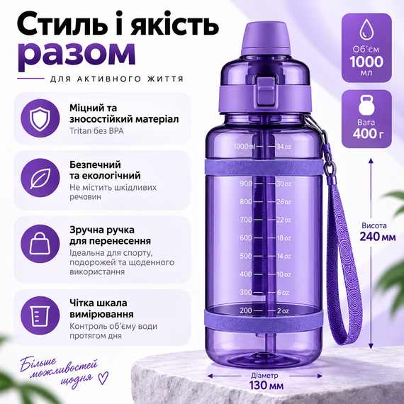 Удобная спортивная бутылка с соломинкой 1000 мл из тритана фиолетовая | Зображення 4