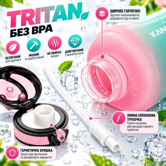 Эко-бутылка KANGZYUAN 1800 мл розовая - спортивная бутылка для воды Tritan без BPA, ударопрочная, с ручкой, ремешком и трубочкой | Зображення 4