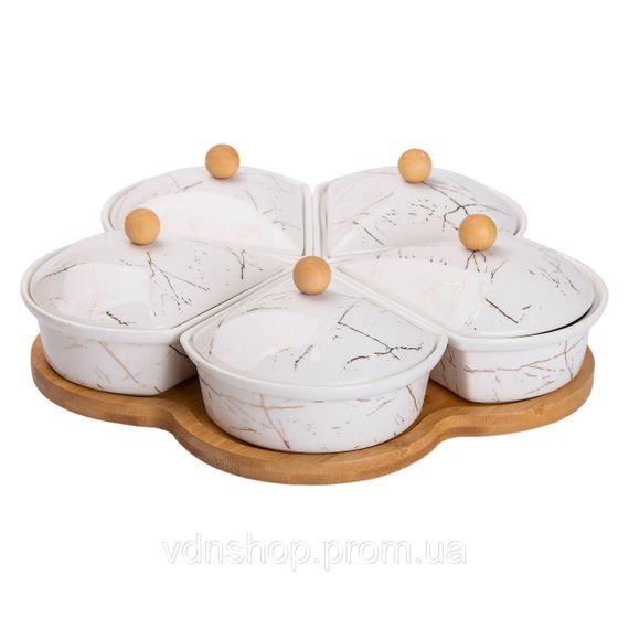 Менажниця порцелянова на підставці, що обертається, 5 секцій біла HP-1217