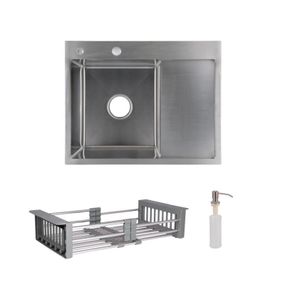 Комплект Lidz Handmade H6350R Мийка для кухні інтегрована крило праворуч Brushed у комплекті з дозатором + Lidz K01G Кошик для
