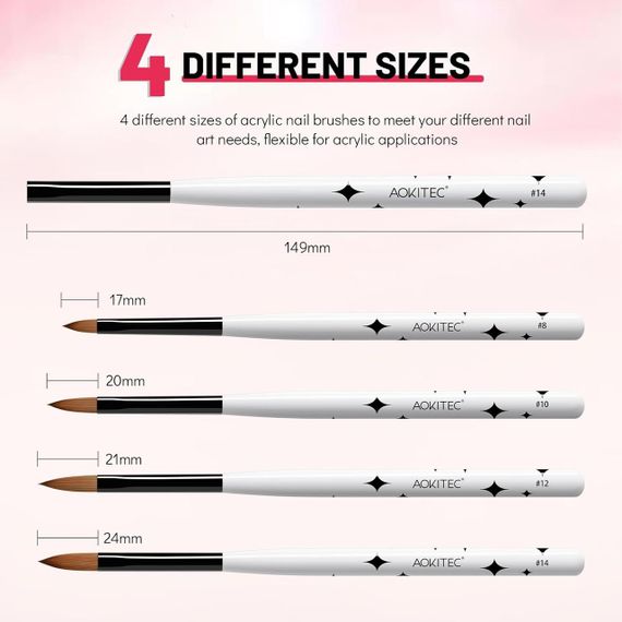 Набор кистей для акрила Aokitec 4шт Kolinsky №8/10/12/14 для наращивания и дизайна ногтей, для маникюра | Зображення 1