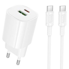 СЗУ Borofone BA104A Pudding PD20W+QC3.0 (1USB-A/1C) + кабель Type-C to Type-C White
