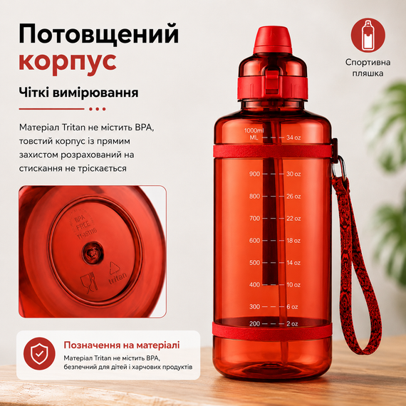 Удобная спортивная бутылка с соломинкой 1000 мл из тритана красная | Зображення 7