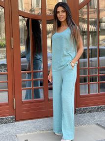 Женский летний брючный костюм с топом лен-жатка DK213 цвет голубой, размер 42/44