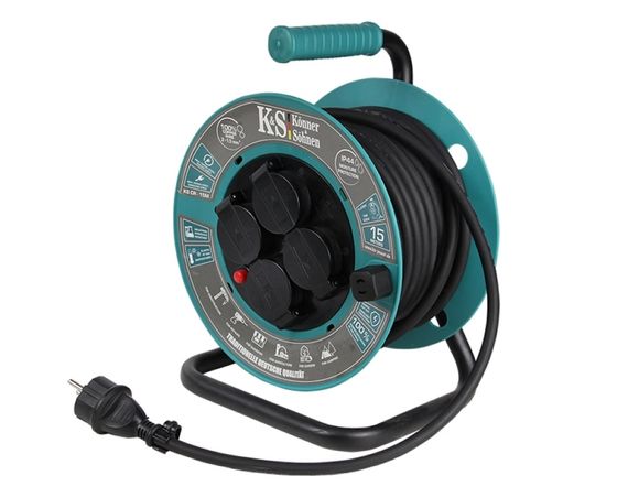 Подовжувач мережевий Könner &amp; Söhnen  KS CR-15M, 3000Вт, 4х16А/230В, 3х1.5мм, IP44, 3.2кг, на котушці, 15м, чорний (KSCR-15M)
