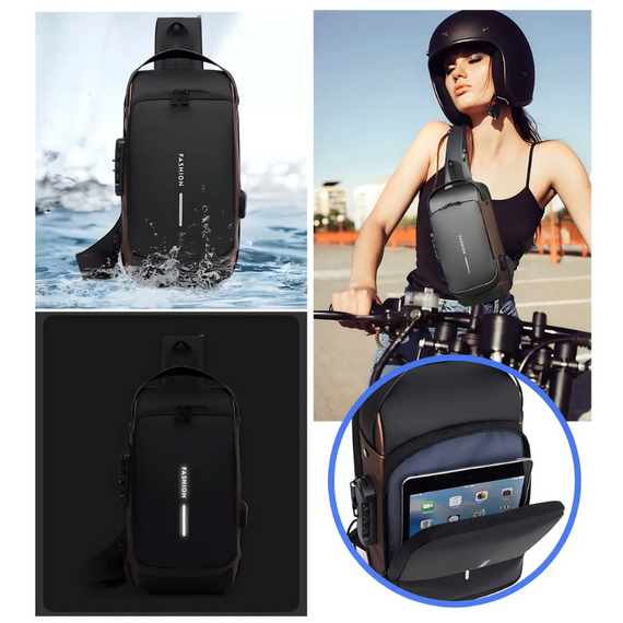 Компактна нагрудна сумка через плече Backpack з протиприпасованим кодовим замком, рюкзак з USB, водовідштовхувальний | Зображення 8