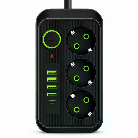 Сетевой фильтр Power Socket F09U 2500 Вт 2 м черный • Удлинитель Power Socket F09U на 3 розетки с 4 USB, PD Type-C и выключателем