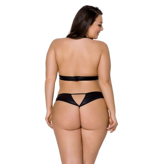Комплект із екошкіри Passion MALWIA SET with Open Bra 4XL/5XL black, топ та трусики з люверсами | Зображення 1