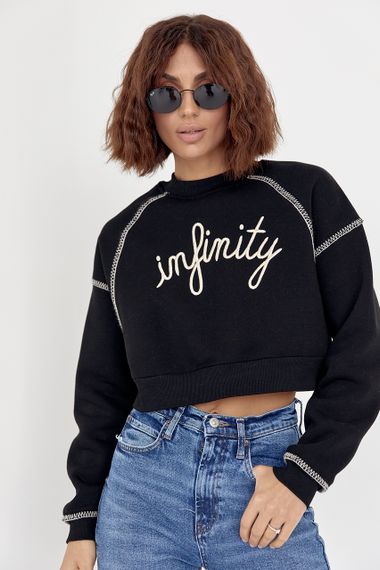 Короткий утепленный свитшот с вышитой надписью Infinity черный цвет M | Зображення 5