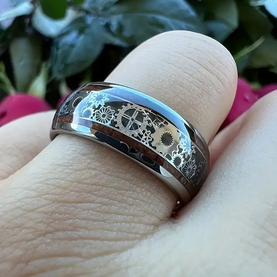 Модное мужское кольцо с деревянным узором и механической шестеренкой из нержавеющей стали размер 17 | Зображення 1