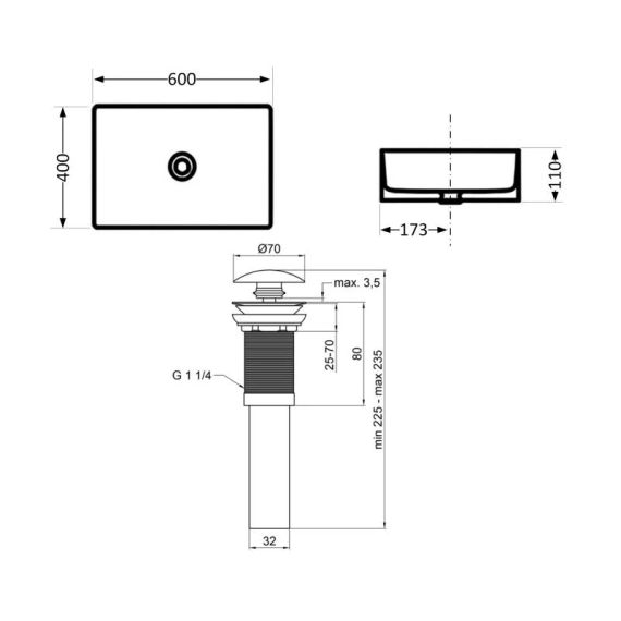 Комплект Qtap Tern: Раковина накладна прямокутна 600x400x110 мм WHITE + Донний клапан PU02 | Зображення 1