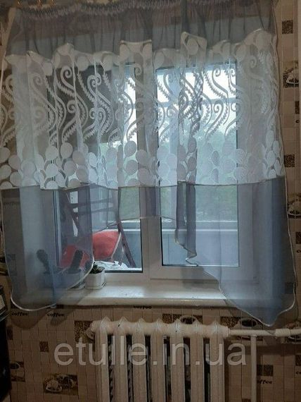 Готовая серая короткая пошитая тюль занавеска аркой для кухни, веранды, гостинной, коридора или спальни | Зображення 5