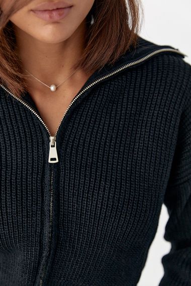 Короткий в'язаний кардиган на блискавці - чорний цвет, ONE SIZE (є розміри) | Зображення 3