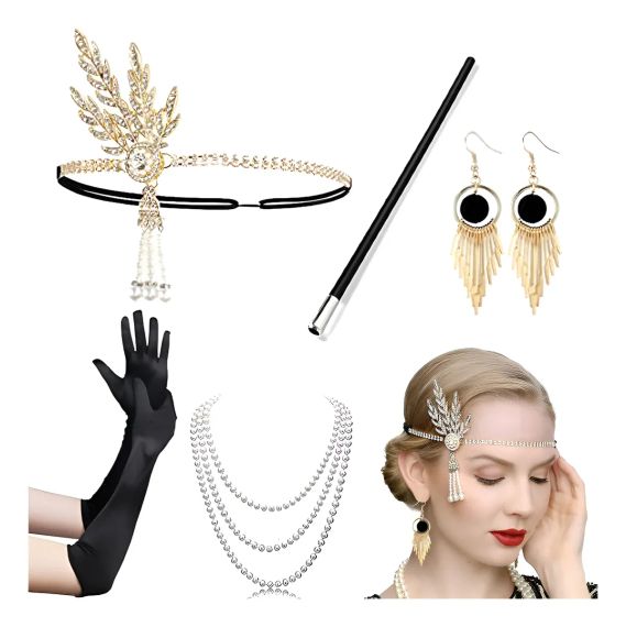 Набір аксесуарів у ретро стилі вечірки Гетсбі 20-х для жінок пов’язка, довгі перчатки, намисто, сережки, браслет, мундштук