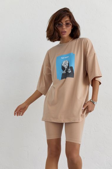 Костюм с футболкой oversize и велосипедками - кофейный цвет, L (есть размеры) | Зображення 5