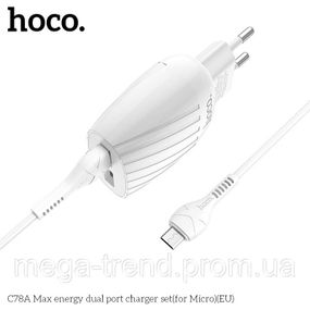 Адаптер мережевий Hoco Micro USB Cable Max energy C78A |2USB, 2.4A|