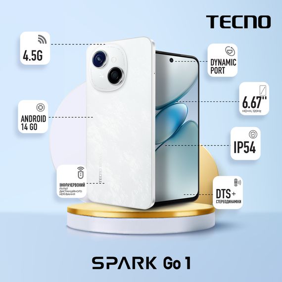 Смартфон TECNO  Spark Go 1 (KL4) 6.67' 4/128ГБ, 2SIM, 5000мА•год, Glittery White (4894947036194) | Зображення 1