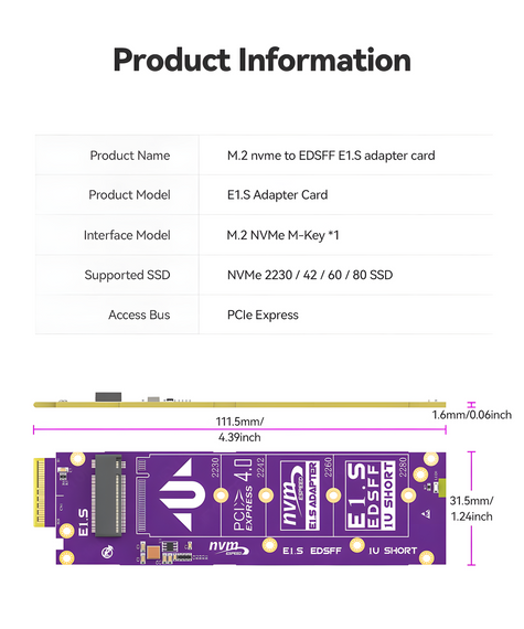 Адаптер JEYI M.2 NVMe в E1.S PCIe 4.0 x4 64 Гбіт/с конвертер 2230–2280 SSD в EDSFF E1.S | Зображення 3