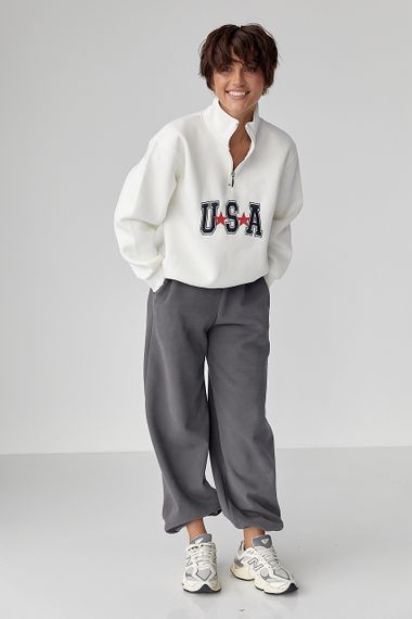 Теплий світшот з блискавкою на комірі - молочний цвет, S (є розміри) | Зображення 2