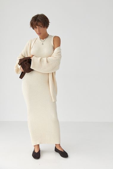 В'язаний костюм із сукнею та кардиганом - молочний цвет, ONE SIZE (є розміри) | Зображення 4