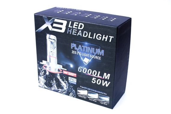 Комплект світлодіодних ламп AllLight X3 HB3 50W 6000K 6000lm з радіатором та світлофільтрами (3000K/8000K) 12-24V | Зображення 1
