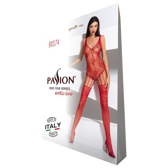 Ажурный бодистокинг с имитацией чулок Passion BS074 red | Зображення 3