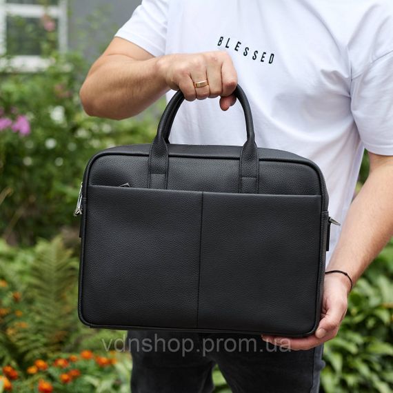 Чоловічий портфель на плече 38х28х8.5, офісний шкіряний месенджер, чоловіча ділова сумка для міста, чорна | Зображення 1