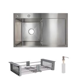 Комплект Lidz Handmade H7849R Мийка для кухні інтегрована крило праворуч Brushed у комплекті з дозатором + Lidz K01G Кошик для