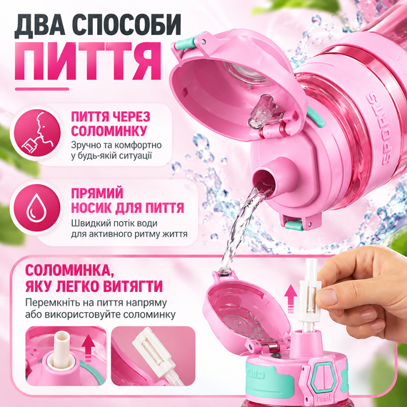 Спортивная бутылка KANGZYUAN 1000 мл розовая - Tritan BPA Free, ударопрочная бутылка для воды с трубочкой, герметичной крышкой | Зображення 4