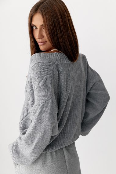 Короткий в'язаний кардиган з косичками - сірий цвет, ONE SIZE (є розміри) | Зображення 1