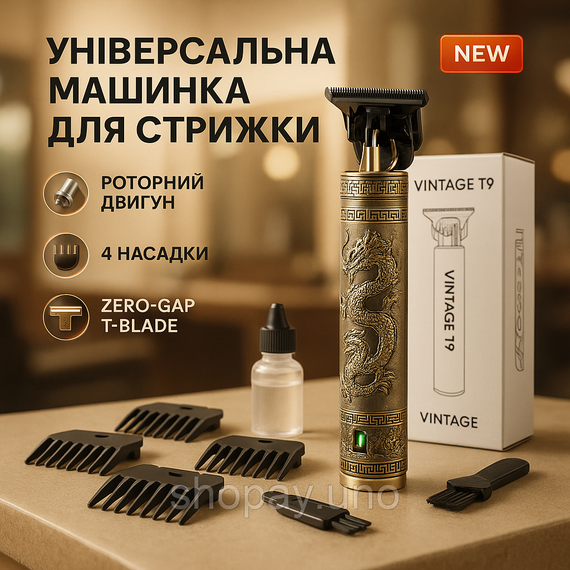 Машинка для стрижки волосся Vintage T9-1 BRONZE 4 насадки