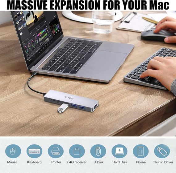 YIYOO 6-в-1 USB-C хаб, HDMI 4K@30Hz, 3x USB 3.0, SD/TF, адаптер для MacBook, Surface, XPS, PS5, Xbox, ноутбуків | Зображення 6