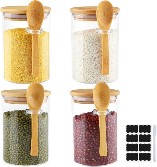 Банки для хранения набор 4 шт 500 мл стеклянные емкости с ложкой, крышкой, наклейками для кухни чая кофе круп