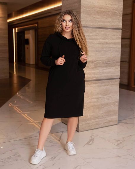 Женское длинное свободное спортивное платье-худи с капюшоном цвет черный, размер 46/48 IS830