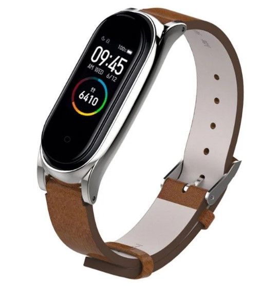 Кожаный ремешок Primo Mijobs для фитнес-браслета Xiaomi Mi Smart Band 5 - Brown&Silver | Зображення 1