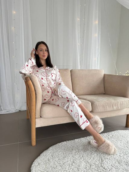 Біла шовкова піжама з червоними акцентами і серцями | Зображення 6